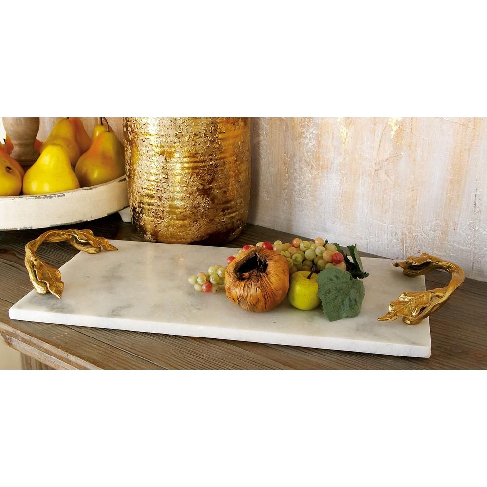 21 in. W x 2 in. H White Marble Rectangular Decorative Tray with Gold Leaf-and-Vine-Shaped End Ha... | The Home Depot