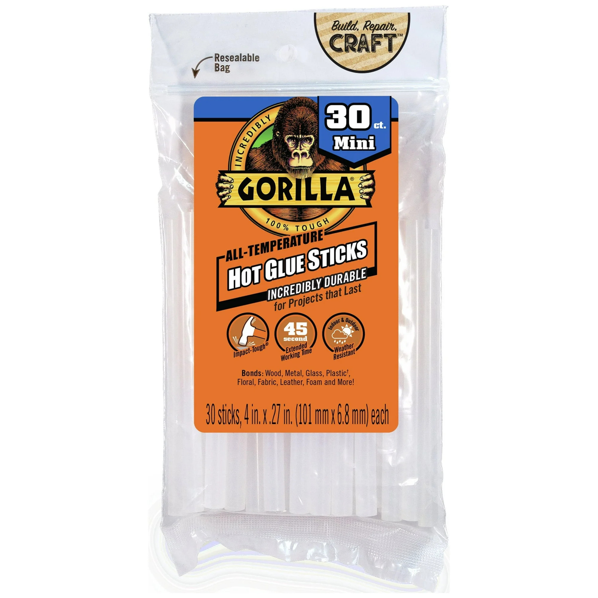 Gorilla Glue Clear 4" Dual Temp Mini Hot Glue Sticks, 30 Count - Walmart.com | Walmart (US)
