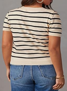 Eytino Women Plus Size Sweater Tops Short Sleeve Crewneck Striped Tshirts Casual Summer Blouses S... | Amazon (US)