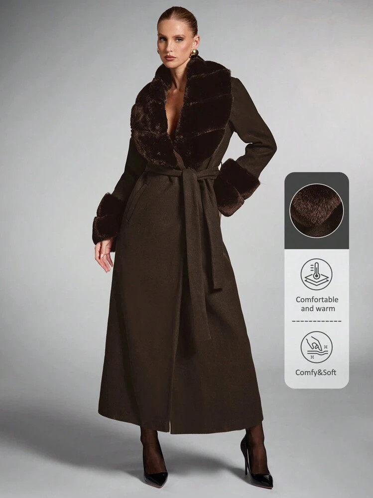 SHEIN BAE Women's Solid Color Fluffy Shawl Collar Long Sleeve Long Elegant Wool Blend Coat, Vintage Coat Winter Fall Women Clothes Customs Women Concert Outfits Winter Women Clothes Fur Coat Stylish And Warm, Suitable For Parties And Outings In Fall/Winter | SHEIN