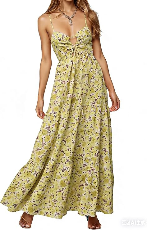 Womens Summer Floral Spaghetti Strap Backless Low Cut Smocked Milkmaid Flowy Beach Sundresses | Amazon (US)