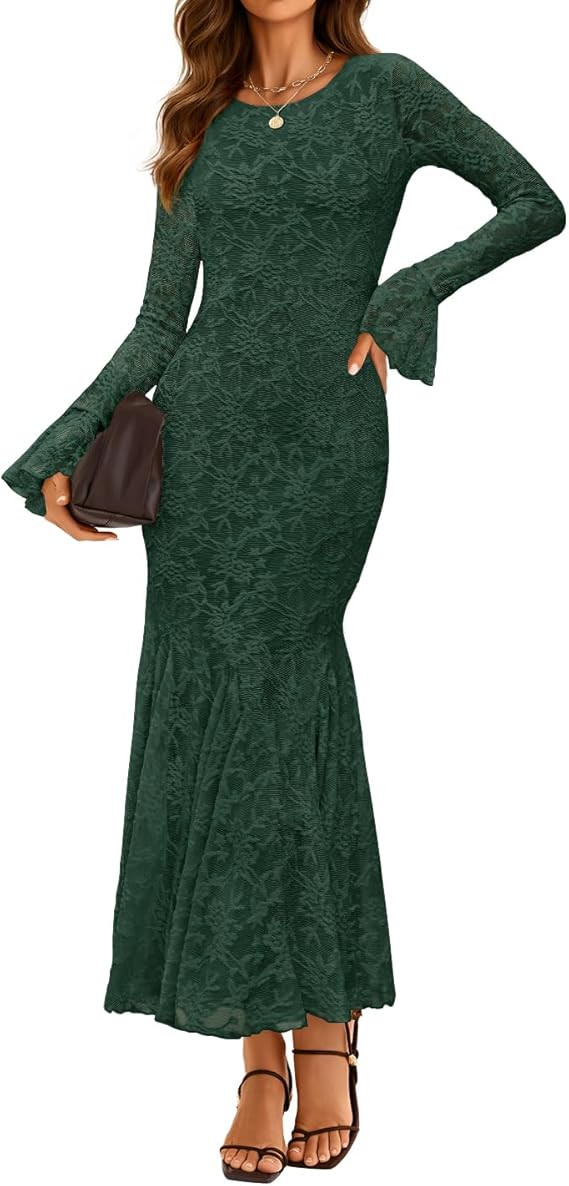 ZESICA Women's Long Sleeve Bodycon Maxi Dress 2025 Fall Fashion Floral Sexy Mermaid Wedding Guest... | Amazon (US)