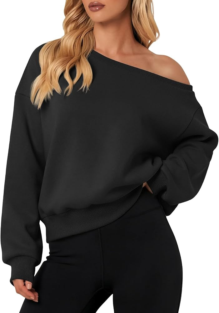 ATHMILE Womens Off the Shoulder Sweatshirt Fleece Long Sleeve Crop Top | Amazon (US)