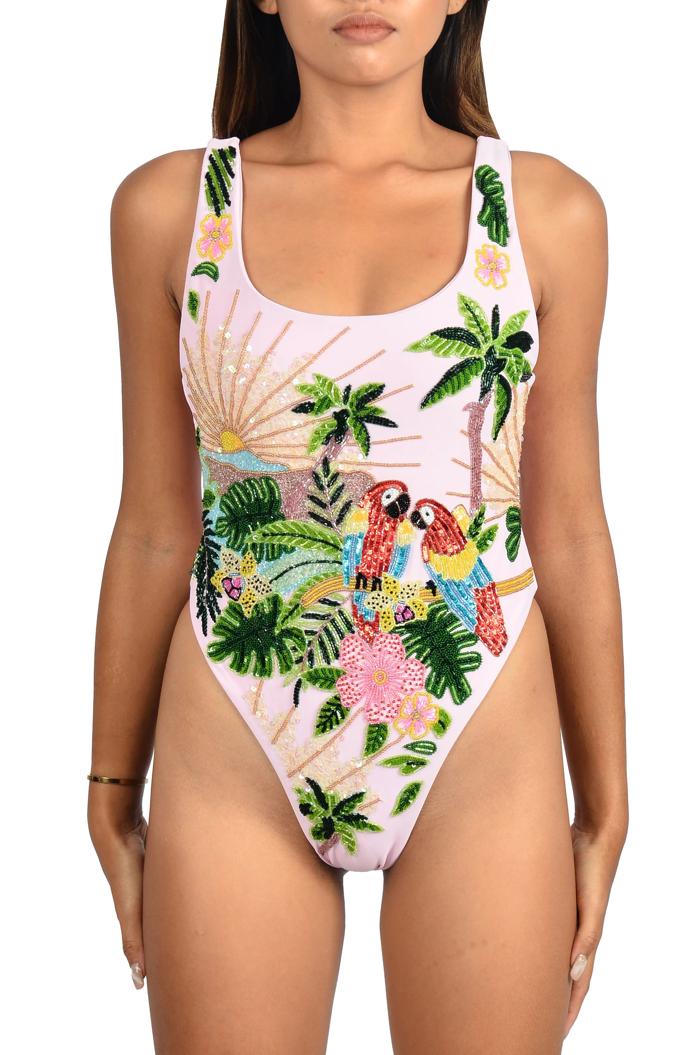 Maya Scoop Back Pink Tropical Swimsuit | Oceanus