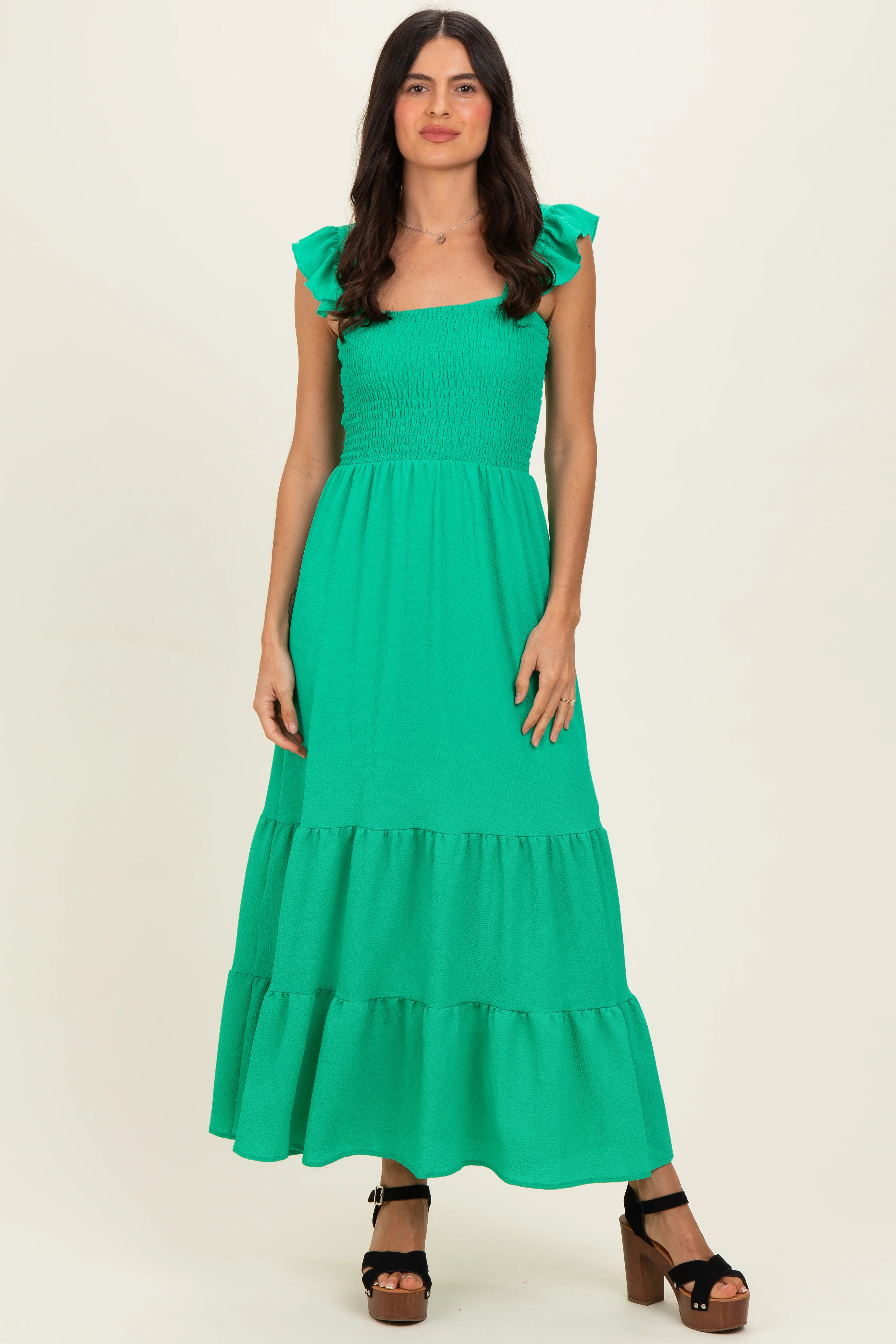Green Ruffle Strap Smocked Maxi Dress - Small | PinkBlush Maternity