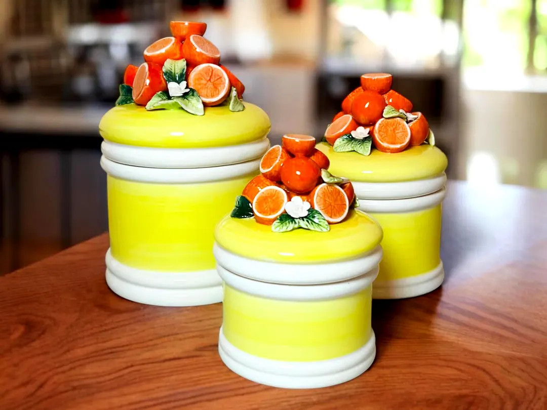 70s Seymour Mann Ceramic Canister Set | Set of Three | Yellow w/Fruit |  Mid Century Modern Kitch... | Etsy (US)