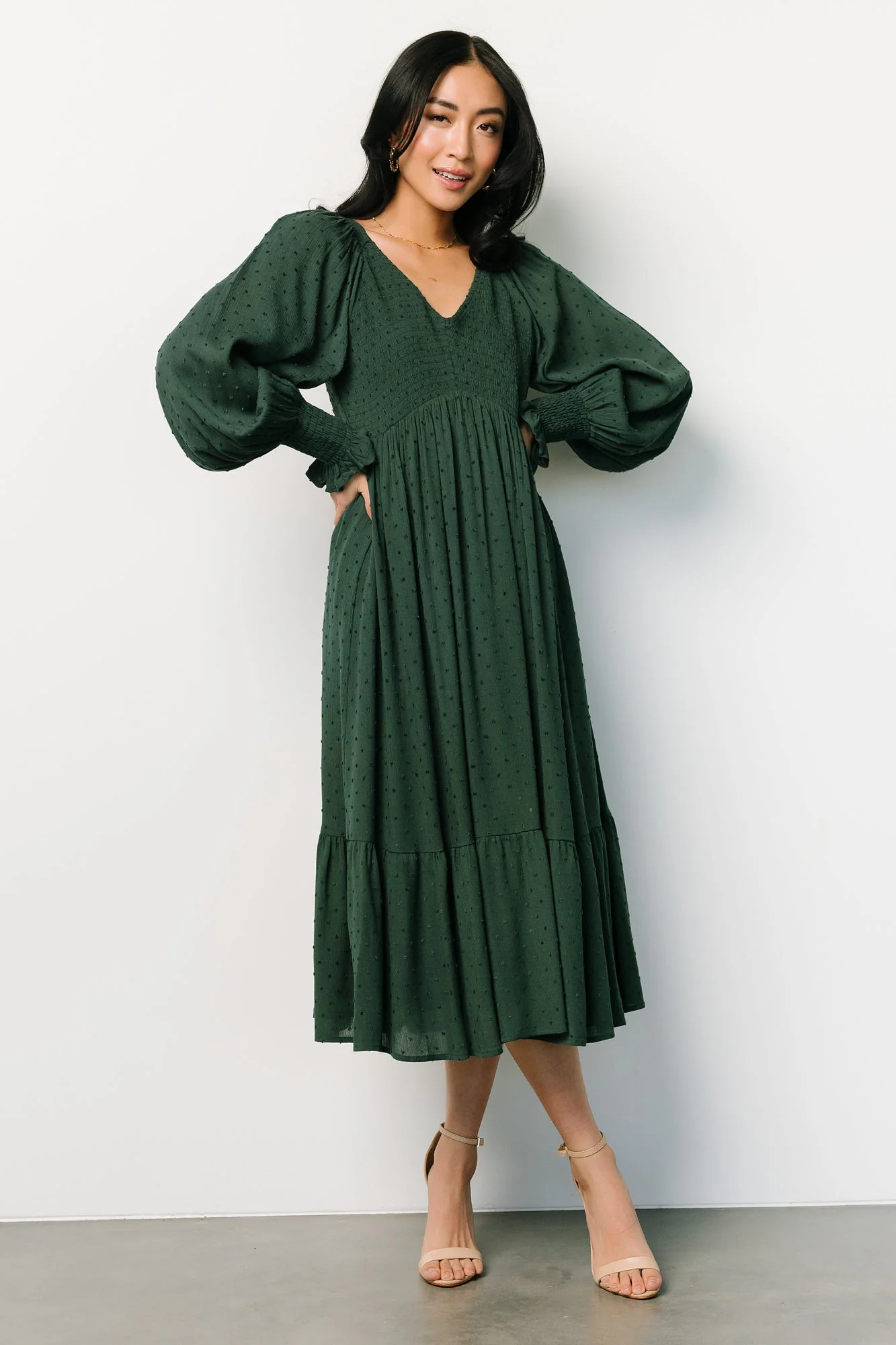 Lainey Smocked Dotted Midi Dress | Evergreen | Baltic Born