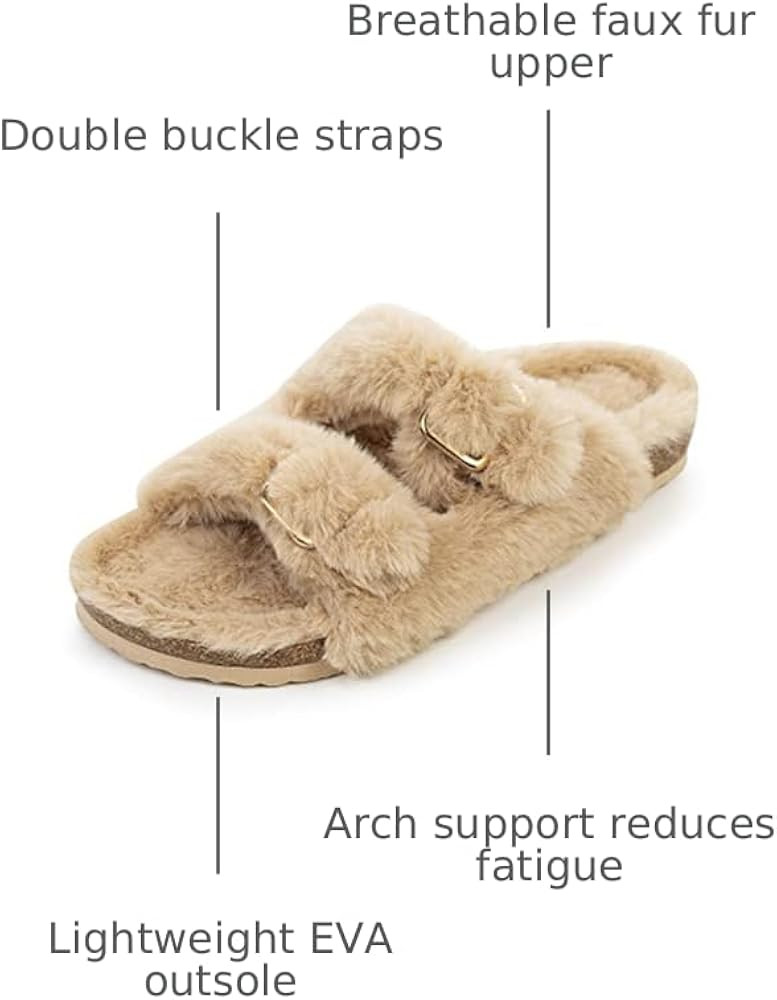 FITORY Womens Open Toe Slipper with Cozy Lining,Faux Rabbit Fur Cork Slide Sandals Size 6-11 | Amazon (US)