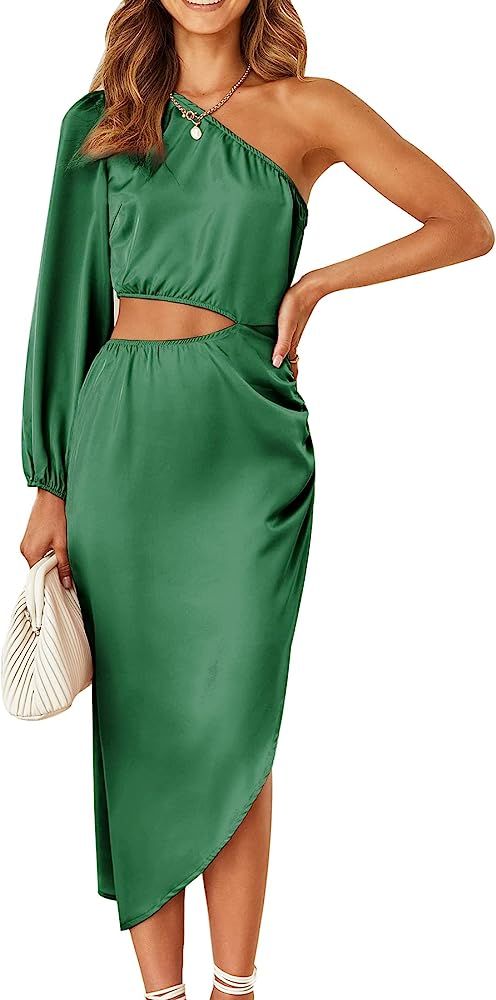 PRETTYGARDEN Women's 2023 Spring Satin Midi Dress One Shoulder Long Sleeve Cutout Split Bodycon C... | Amazon (US)
