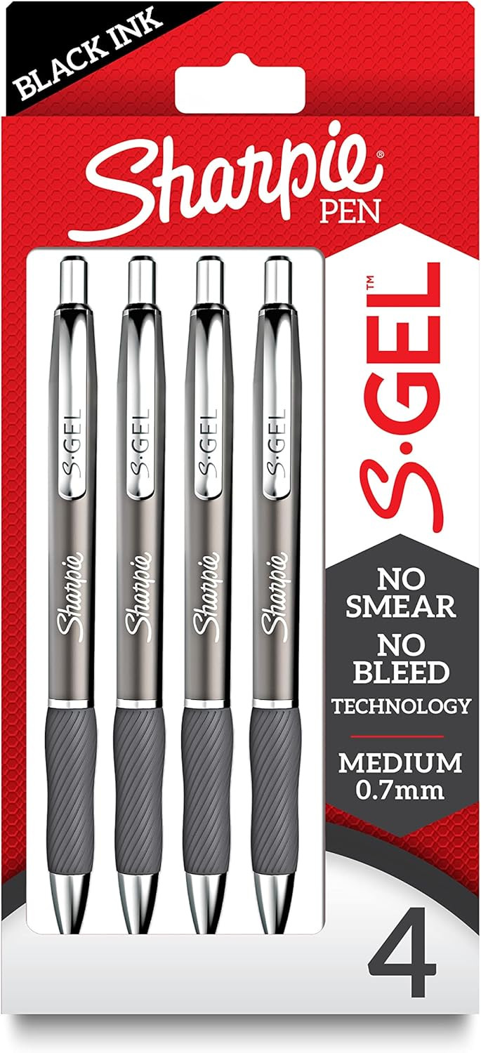 SHARPIE S-Gel, Gel Pens, Sleek Metal Barrel, Medium Point (0.7mm), Black Ink, 4 Count | Amazon (US)