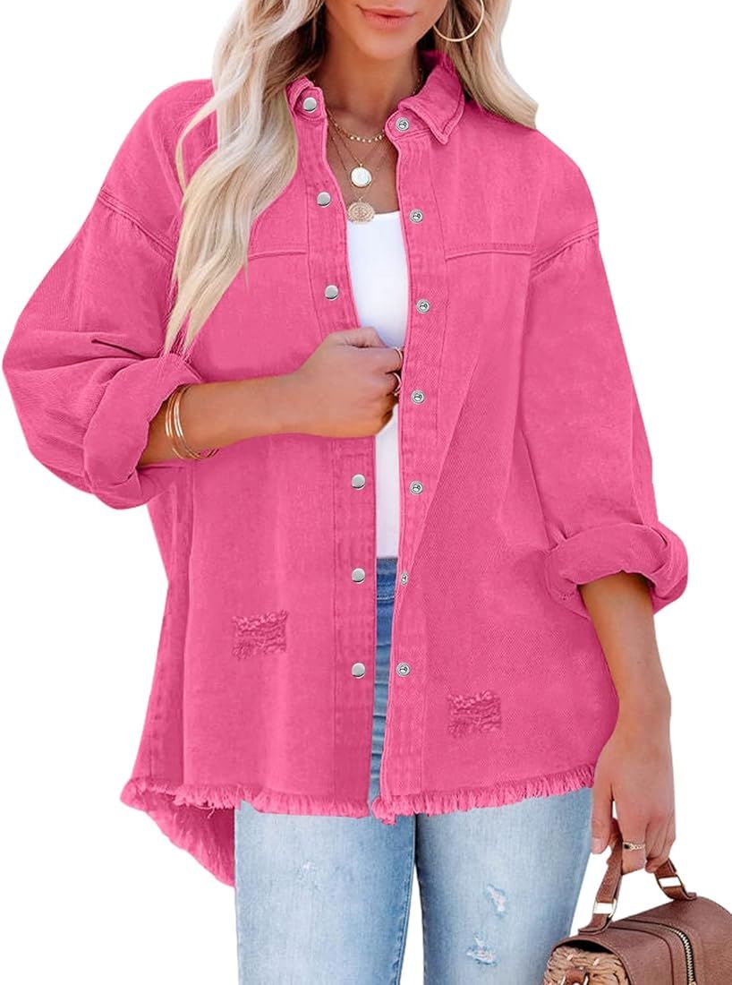 LookbookStore Womens Denim Jacket Oversized Button Down Shirts Jean Shacket Distressed Frayed Coat | Amazon (US)