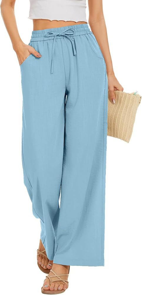 Women Pants Flowy Pants Drawstring Waist Wide Leg Palazzo Beach Pants Loose Fit with Pockets | Amazon (US)