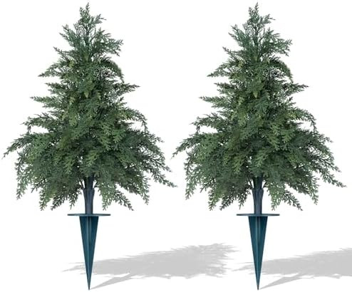 Artificial 24" Cypress Topiary Cedar Trees with Ground Spike, 2 Pieces Fake Pine Shrubs Bushes, U... | Amazon (US)