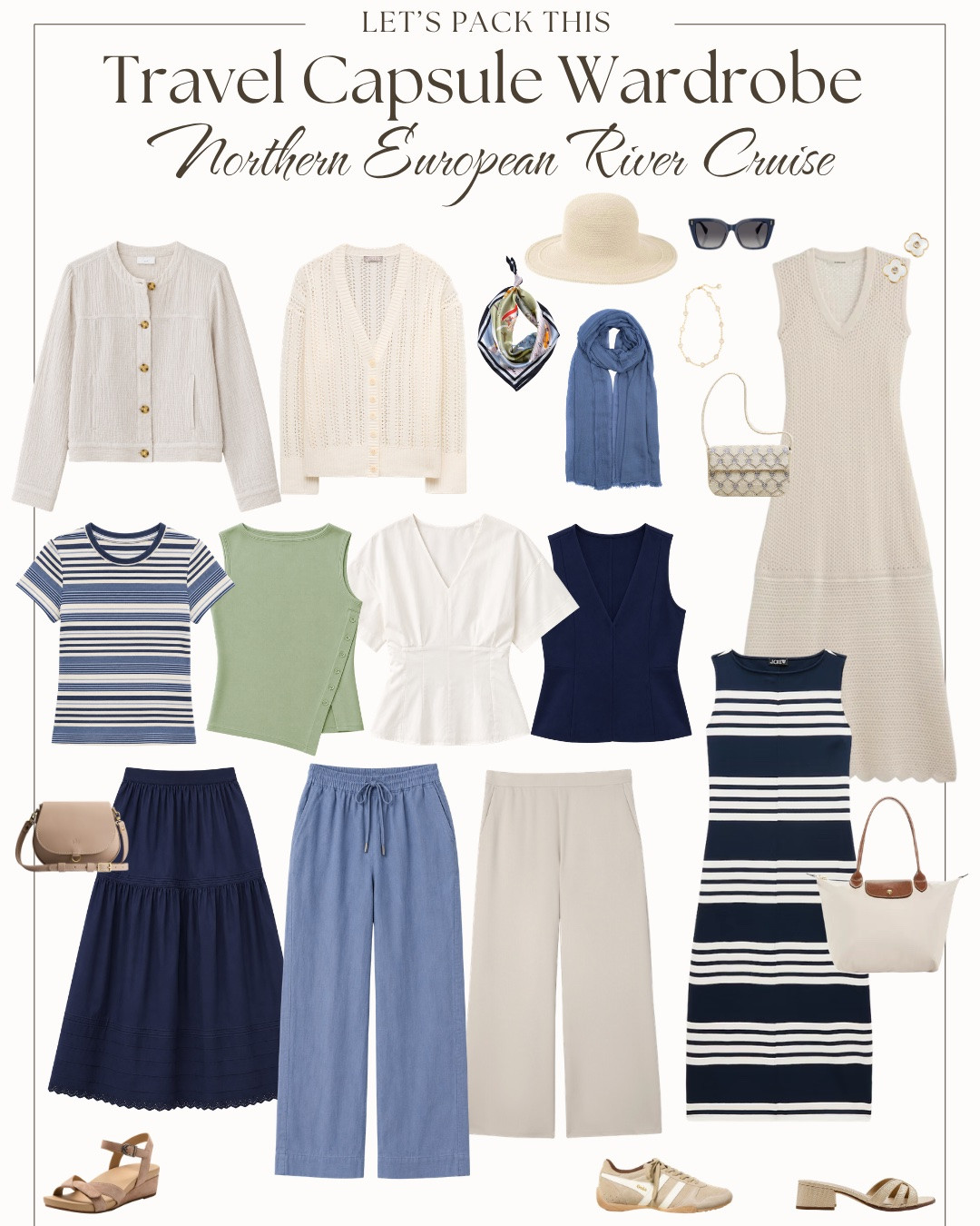 This travel capsule wardrobe was designed for a French and Northern European river cruise in June — cool port mornings, breezy ship decks, smart casual dinners, and long days walking cobblestone towns.

Expect daytime highs: high 60s–high 70s°F. Evenings drop significantly — ship decks are windy while underway, and dining rooms run cold — so layers are essential, not optional.

Here's your packing list: 
4 tops 
3 bottoms (linen wide-leg, ponte wide-leg, navy midi skirt) 
2 dresses (- one casal, one for the Captain’s SDinner
3 outer layers (gauze jacket, pointelle cardigan, wrap scarf) 
3 shoes (sneaker, ankle-strap sandal, block heel slide) 
Crossbody bag 
Packable tote 
Accessories

13 clothing pieces mix and match to create more than 14 different outfit combinations — and the best part…it all fits in your carry-on suitcase!

Not cruising the Rhine or Seine? This capsule also works for Paris and the French countryside, Amsterdam, the Belgian cities, and the English countryside.

#LTKOver40 #LTKTravel