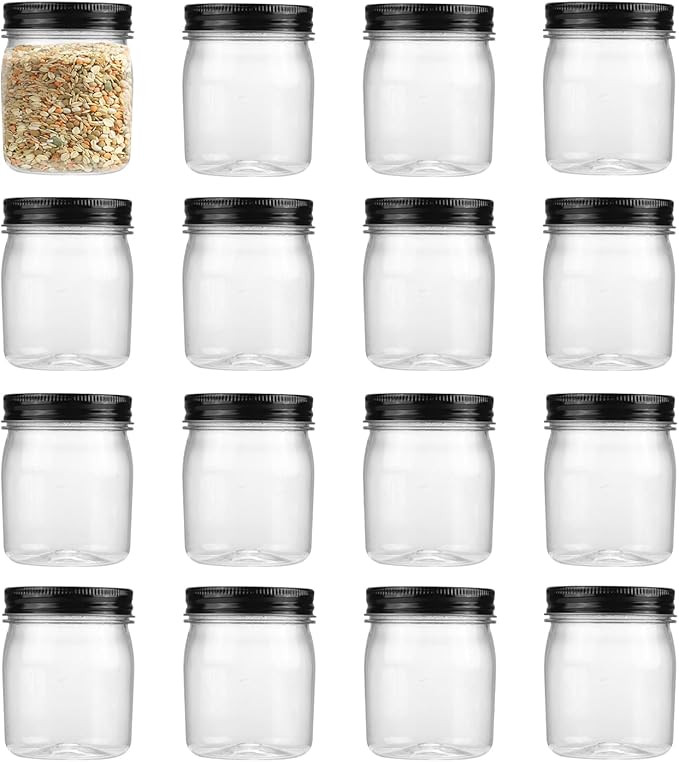 8 Ounce Clear Plastic Mason Jars With Screw On Lid, Reusable Empty Jars for Food Storage, Round B... | Amazon (US)