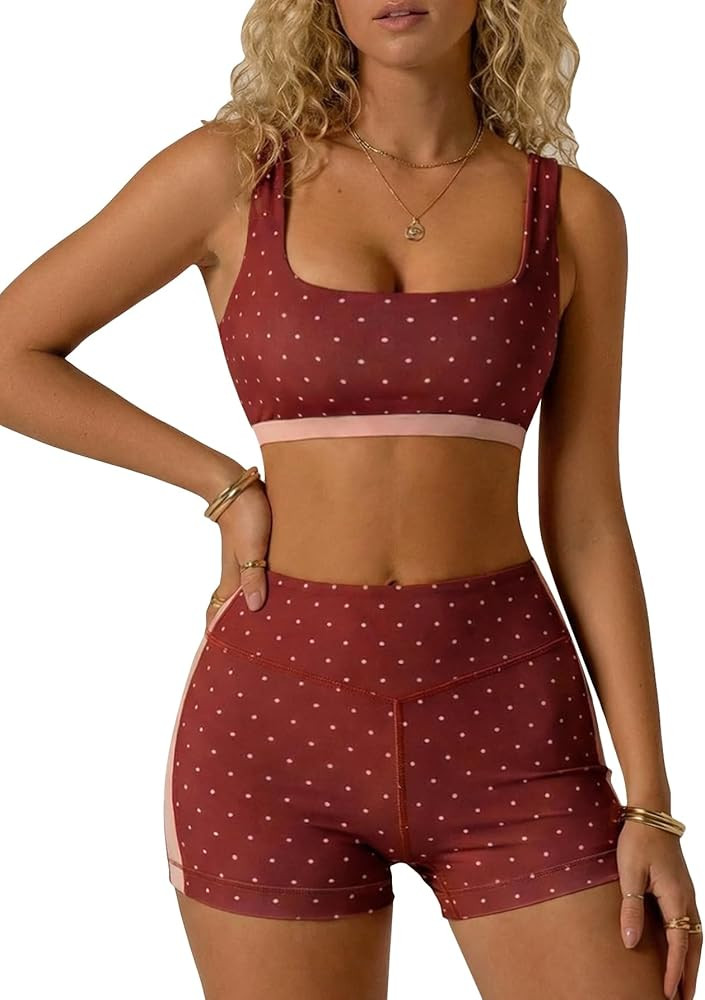 Milumia Women's Polka Dots Workout Set 2 Piece Color Block Yoga Outfit Bra Tank High Waisted Bike... | Amazon (US)