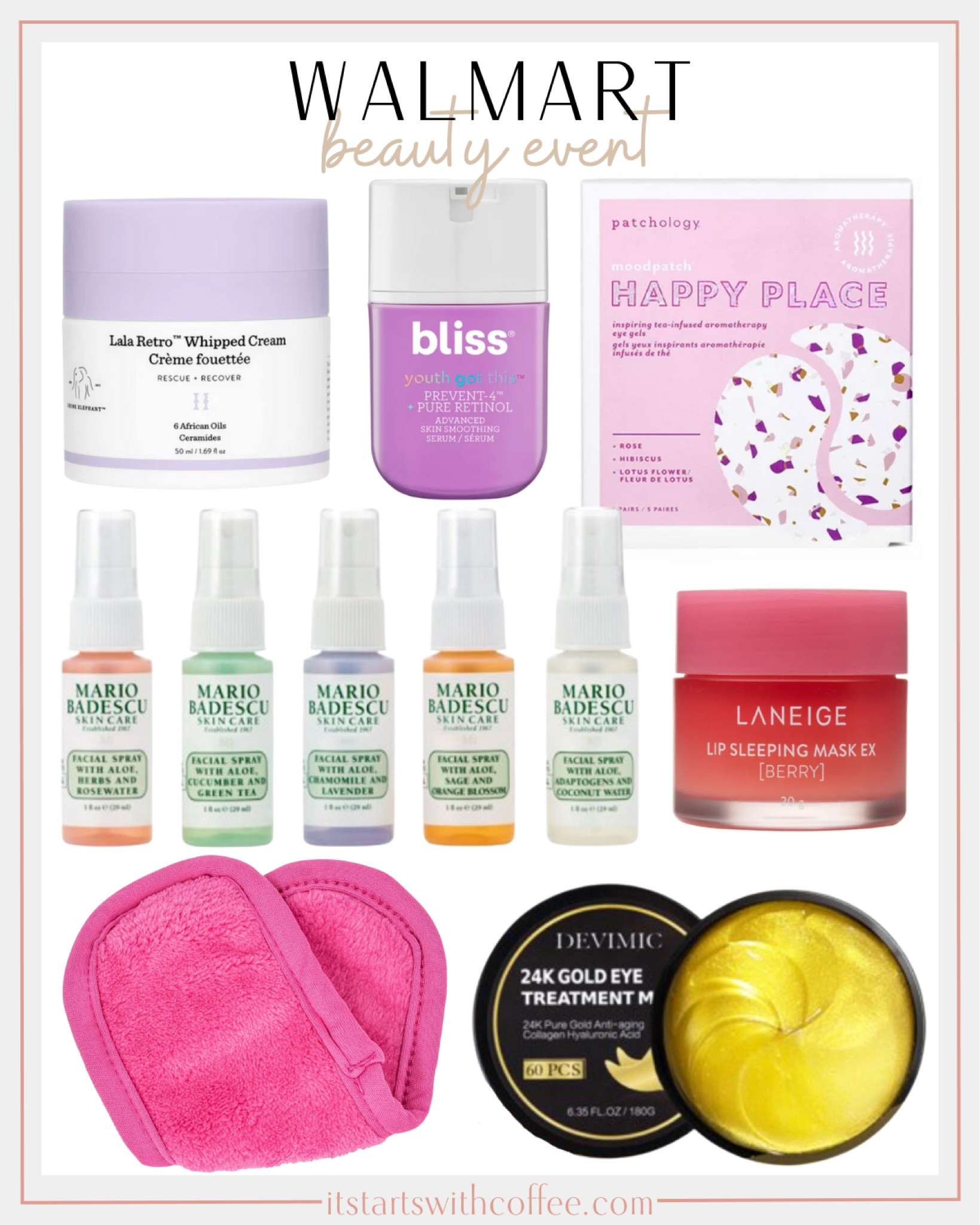 Walmart’s beauty event includes some great deals on some awesome beauty finds! Included are makeup eraser, Bliss skin smoothing serum, DrunkElephant moisturizer,  gold eye mask, happy Place eye mask, Mario Badescu Mini Mist 5-Pack Facial Sprays, Laneige Lip Sleeping Mask.

Beauty sale, beauty finds, trending beauty, sale alert, deal alert, steal alert

#LTKsalealert #LTKunder50 #LTKbeauty