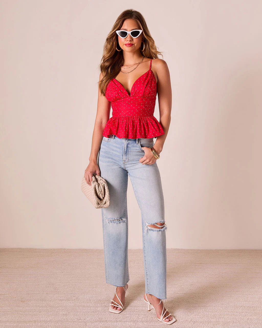 Pherris Pleated Polka Dot Peplum Top | VICI