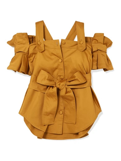 Silvia Tcherassi - Giuliani Cold-shoulder Belted Ruffled Cotton-blend Top - Mustard | NET-A-PORTER (US)