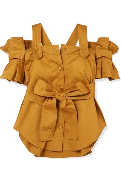 Silvia Tcherassi - Giuliani Cold-shoulder Belted Ruffled Cotton-blend Top - Mustard | NET-A-PORTER (US)
