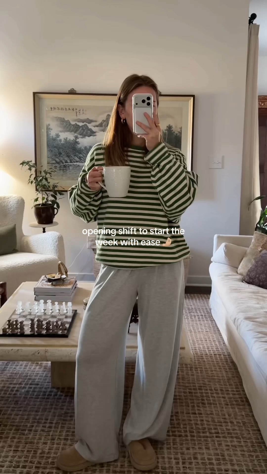 1/12/26 Morning opening shift ☕️ wearing my cozy striped sweater from Saunder House paired with my go-to loungewear pants from Abercrombie & Fitch. Easy, comfortable, and perfect for early mornings.

#LTKmorningroutine #LTKHome