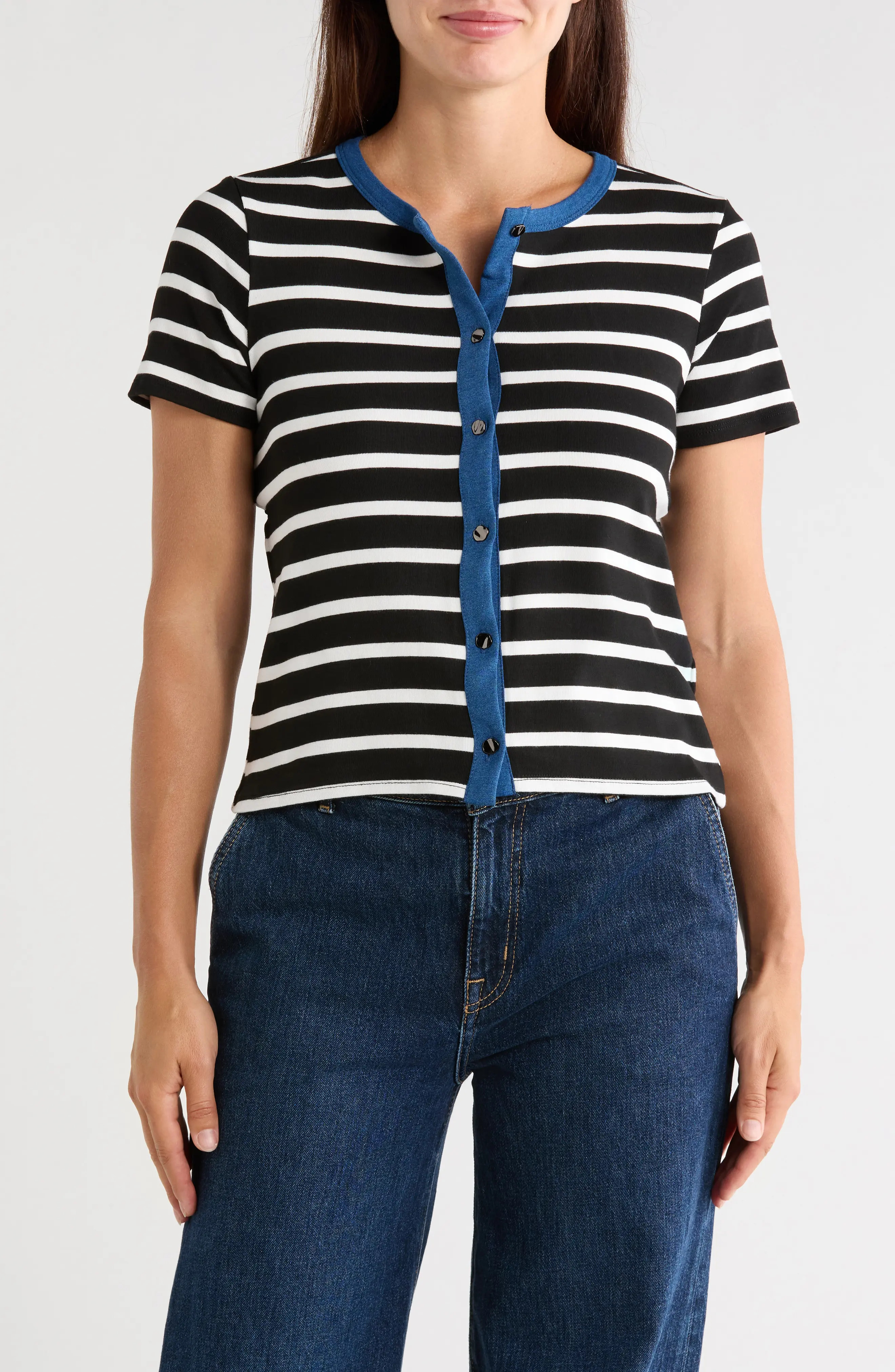 CYRUS Contrast Trim Short Sleeve Stripe Cardigan (Women) | Nordstromrack | Nordstrom Rack