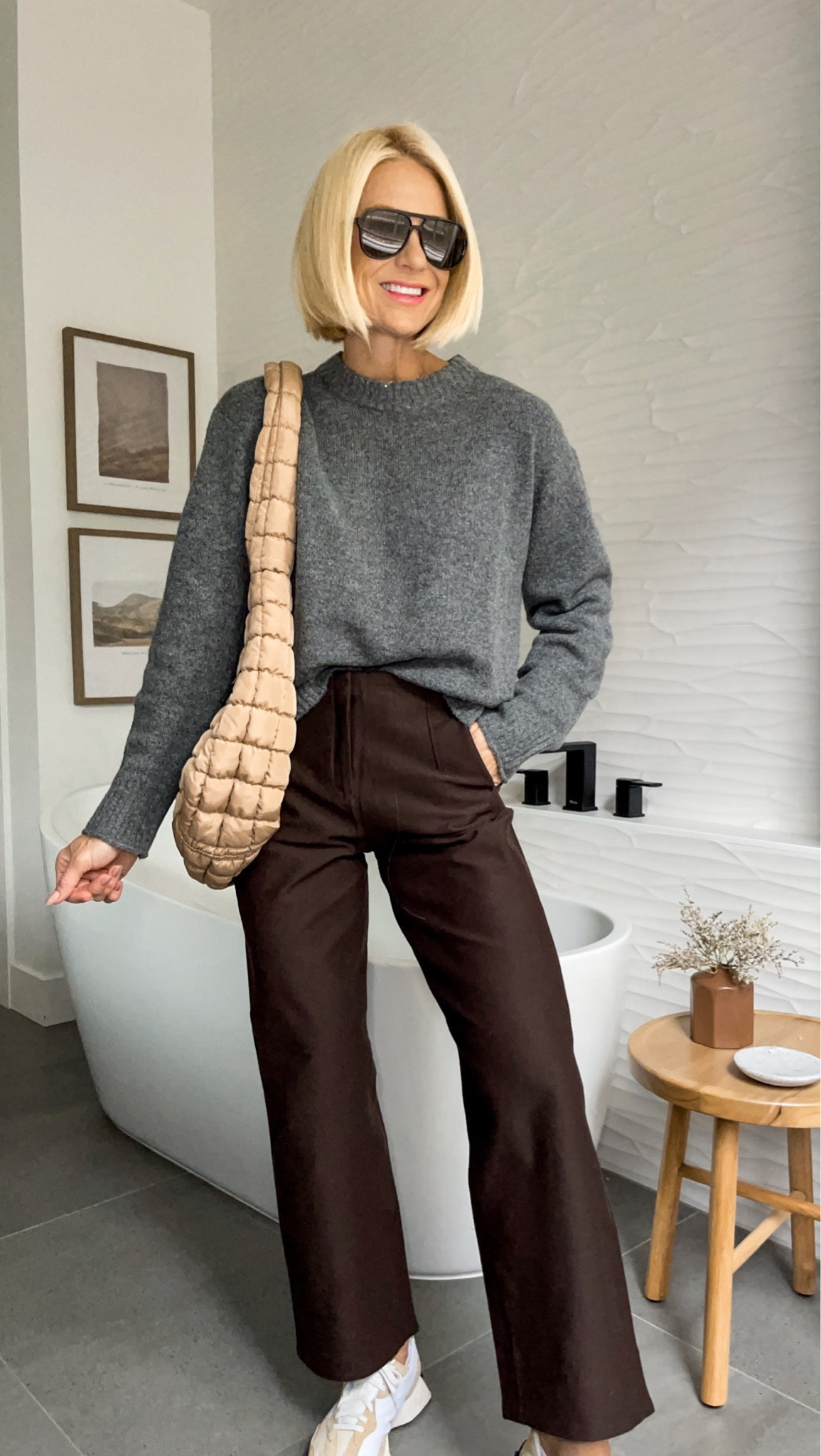 Casual, Fall outfit. These new pants are so cool! Pure comfort and a flattering silhouette. Endless ways to wear them. Softest sweater that comes in tons of colors & on SALE!
My go to carry all bag! 
Sizing👇🏼
Pants: run tts, but will loosen with wear. Size down if in between! wearing size 4.**FREE hemming if they’re too long for you! 
Sweater runs a little big too. Consider sizing down. Wearing size small. 


#LTKSeasonal #LTKsalealert #LTKstyletip