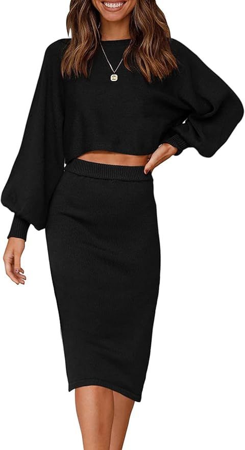 ZOWODO Women's Casual Two Piece Solid Color Ribbed Knit Long Sleeve Tops and Bodycon Midi Skirt S... | Amazon (US)