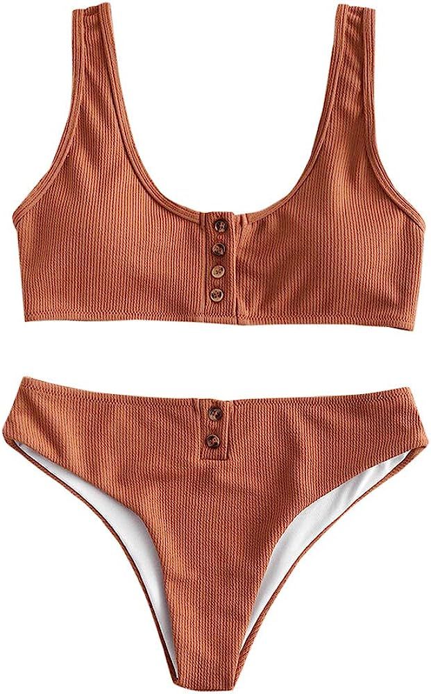 ZAFUL Buttons Bikini Set Ribbed Adjustable Straps Swimsuit Cheeky Bathing Suit | Amazon (US)