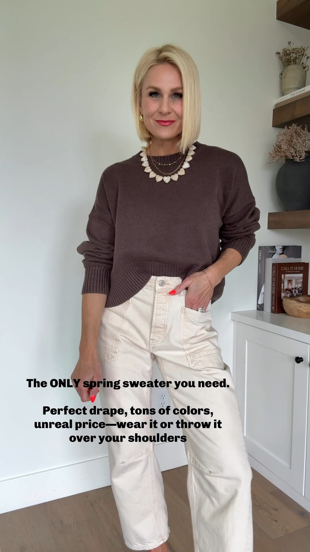 The only sweater you need for spring. So many good colors @Quince 
The perfect ecru jeans, fun 🤍necklace, and sandals that make your feet look pretty.
Sweater fits tts
Size down⬇️ in jeanss Wearing

#LTKMothersDay #LTKmomlife #LTKOver40