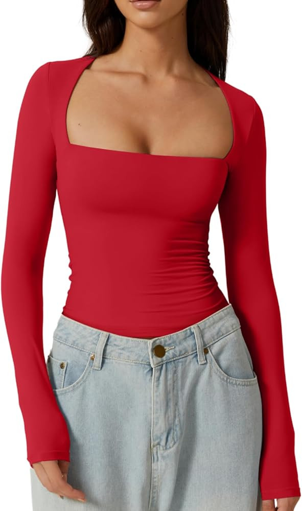 QINSEN Women's Sexy Square Neck Shirt Long Sleeve Double Lined Tees Fitted Going Out Tops | Amazon (US)