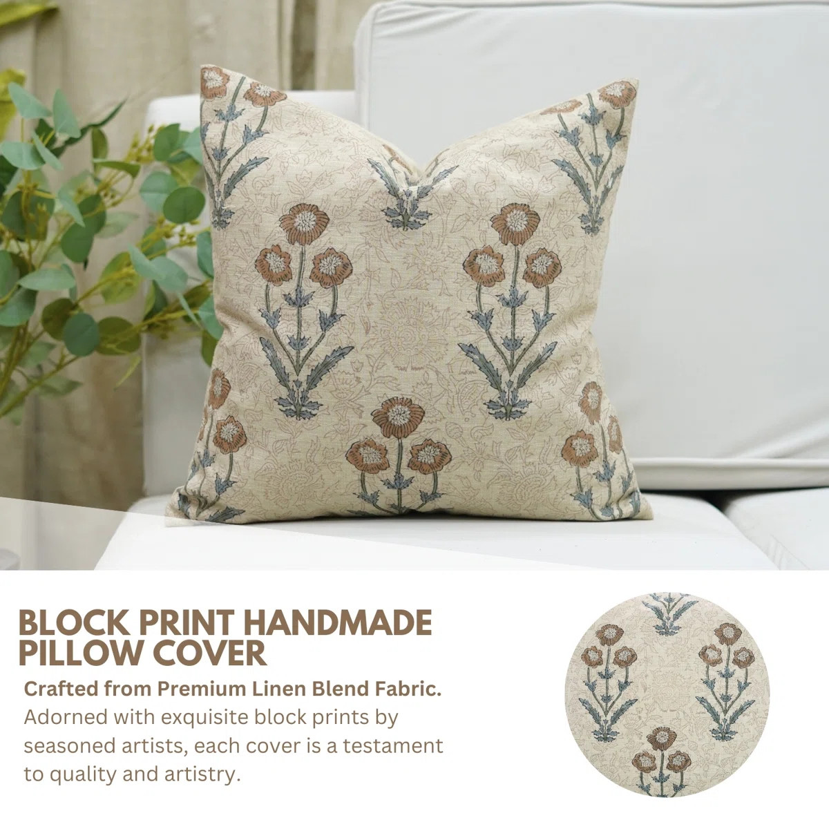 Fabdivine Throw Pillow Cover 18x18 Inch Handmade Block Print Cushion-Sun Flower | Wayfair North America