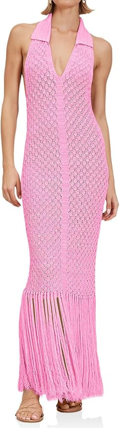Saodimallsu Womens Halter Crochet Cover Up Fringe Sexy Backless Sleeveless V Neck Collared Vacati... | Amazon (US)