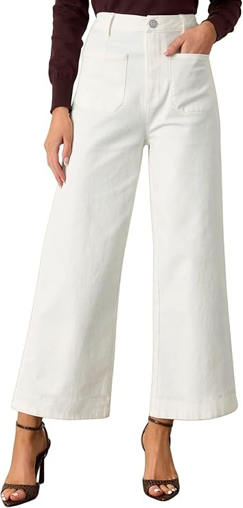 Allimy Women's High Waisted Cropped Wide Leg Jeans Stretchy Loose Denim Pants with Front Patch Po... | Amazon (US)
