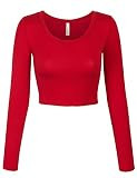 KOGMO Womens Long Sleeve Basic Crop Top Round Neck with Stretch -L-RED | Amazon (US)
