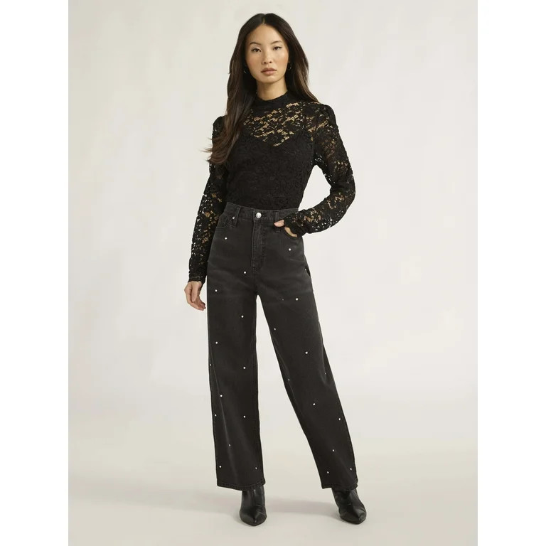 Scoop Women’s Lace Blouse with Puff Sleeves, Sizes XS-XXL | Walmart (US)