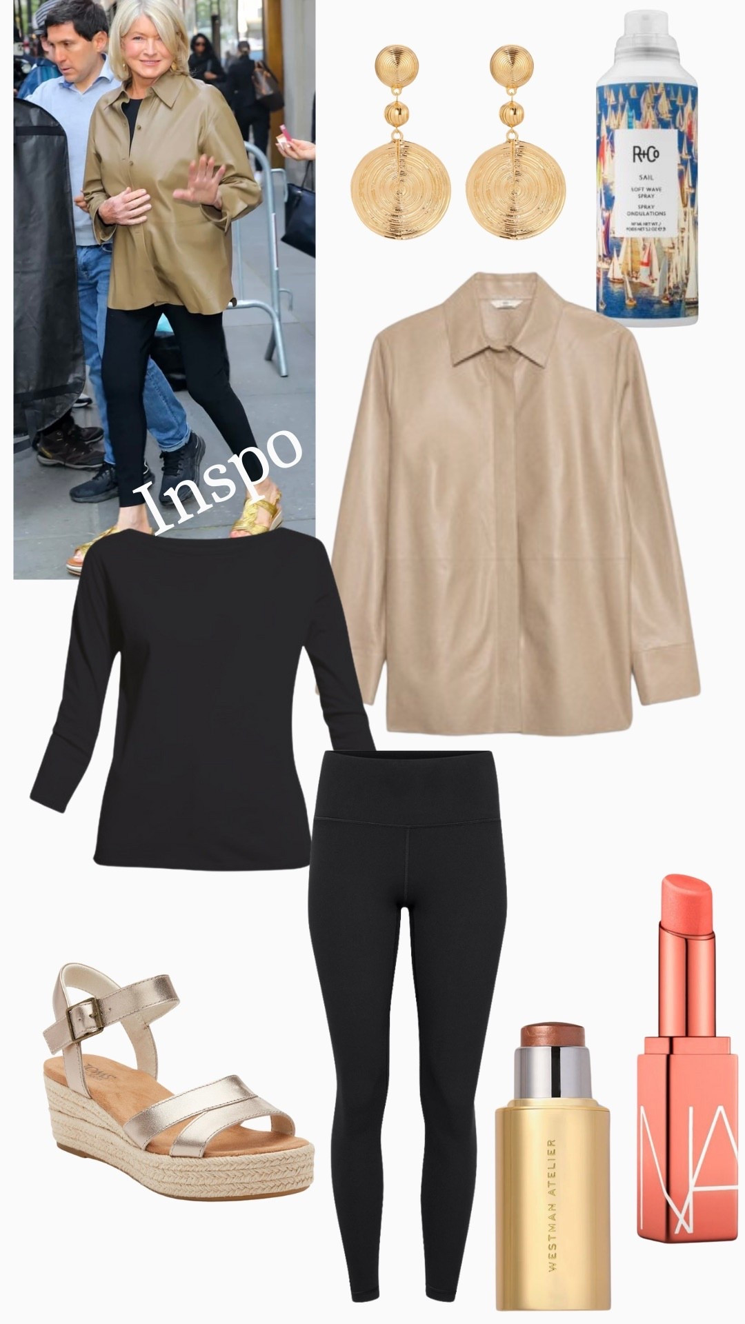 Celeb Inspo - Martha Stewart

Beige Relaxed Leather Overshirt: Banana Republic (color: River Bank Beige)
Black High Rise Legging - Aritzia (BUTTER Cheeky)
Black Boatneck Long Sleeve Shirt - Lululemon
Gold Platform Wedge Sandal - TOMS

*for Martha’s Subtle Glam Look:
Peachy Lip: NARS Afterglow Lip Balm (color: Torrid)
Bronzy Glow: Westman Atelier Highlight Stick (color: brûlée)
Tousled Waves: R and Co Sail Soft Wave Spray
Gold Plated Swirl Pendant Dangle Earrings: Ettika

#LTKActive #LTKBeauty

#LTKSeasonal #LTKStyleTip #LTKOver40