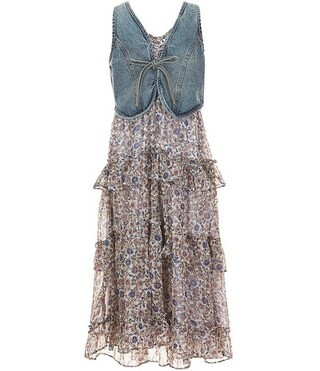 Rare EditionsBig Girls Sleeveless Denim Tie-Front Vest & Sleeveless Floral Printed Chiffon Dress ... | Dillard's