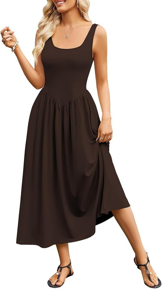Naggoo Women's Summer Long Maxi Dress Casual Square Neck Sleeveless Tank Dresses Knit Pleated A L... | Amazon (US)