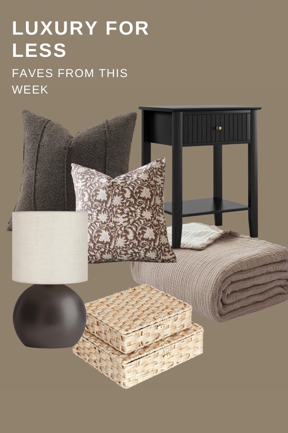 Sharing some of my favorite affordable home decor finds from this week that give a designer look without the high-end price tag.

This curated mix of neutral decor, cozy textiles, and modern furniture works perfectly for styling a warm, organic modern home.

Featured finds include:
• Modern black nightstand with storage
• Cozy neutral throw blanket
• Textured decorative pillows
• Modern ceramic table lamp
• Woven decor storage baskets

These pieces are perfect for creating a layered, cozy bedroom or living room while keeping your space neutral, timeless, and elevated.

If you love designer-inspired home decor for less, these are great pieces to add to your home.

Shop all my Luxury for Less weekly finds here 🤎

#LTKHome #LuxuryForLess #AffordableHomeDecor #NeutralHomeDecor #HomeFinds