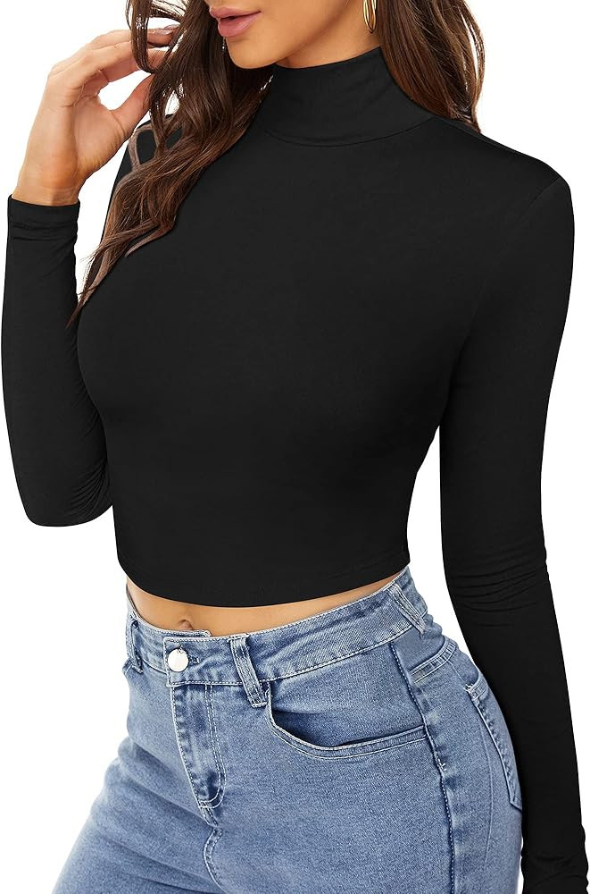MSBASIC Women Long Sleeve Crop Top Turtleneck Soft Slim Casual Shirt | Amazon (US)