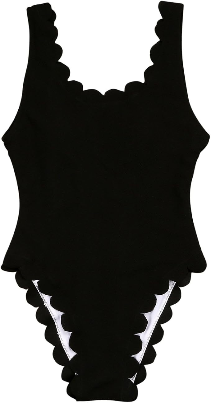 TSWRK Women's Backless One Piece Swimsuit Scallop Trim Bathing Suit,Wide Shoulder High Cut Bikini | Amazon (US)