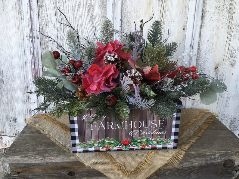 Merry Farmhouse Christmas Arrangement with Black Buffalo Check~Jingle Bells Berries and Pine Cone... | Etsy (US)