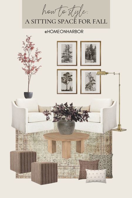 Fall styling inspiration for a living or sitting room: cozy upholstered chairs, coffee table, wall art, maple tree, burgundy leaves, aged vase. 

#LTKSeasonal #LTKhome