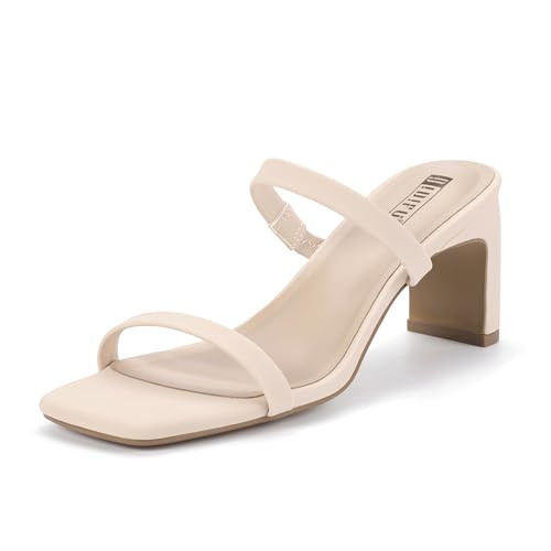 IDIFU Nude Heels For Women - Low Block Chunky Heels, Square Open Toe Slides, Two Strap Slip On Comfortable Sexy Wedding Prom Party Dress Shoes - Tan Beige (Nude Nubuck 10) | Amazon (US)