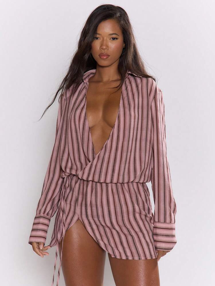 MUSERA Plunge Neckline Stripe Wrap Around Mini Dress Ibiza Fits Holiday Vacation Sexy Beach Romantic Elegant Occasion Birthday Boho Rafia Casual Dress Summer | SHEIN
