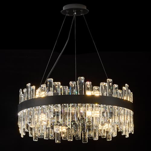 chandiry Round Crystal Chandeliers, D23.6 inch 12-Light Black Chandelier Lighting Fixture, Height Adjustable Pendant Ceiling Light for Living Room Dining Room Bedroom | Amazon (US)