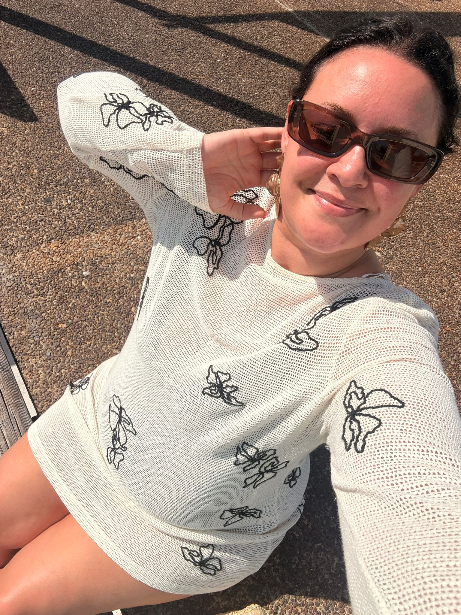 white knit dress, butterfly print dress, sheer knit cover up, long sleeve mini dress, white mesh dress, vacation outfit, resortwear, summer outfit, beach cover up, poolside look, sunglasses outfit, gold statement earrings, neutral summer style, chic getaway outfit, sunny day style 

 #LTKsummer #LTKtravel #LTKdresses