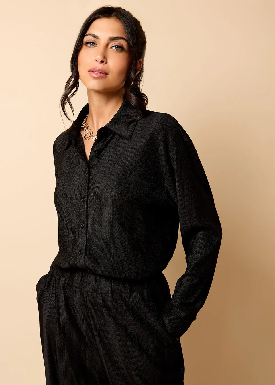 Little Mistress Black Co Ord Plisse Shirt by Vicky Pattison | Matalan (UK)