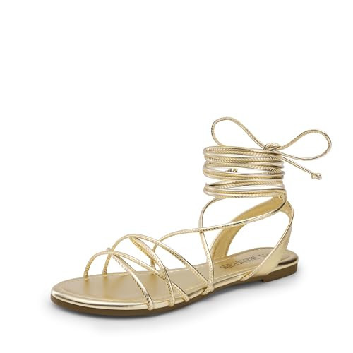 DREAM PAIRS Lace-up Gladiator Sandals Strappy Dressy Summer Flat Sandals for Women,Size 8.5,Gold,SDFS2408W | Amazon (US)
